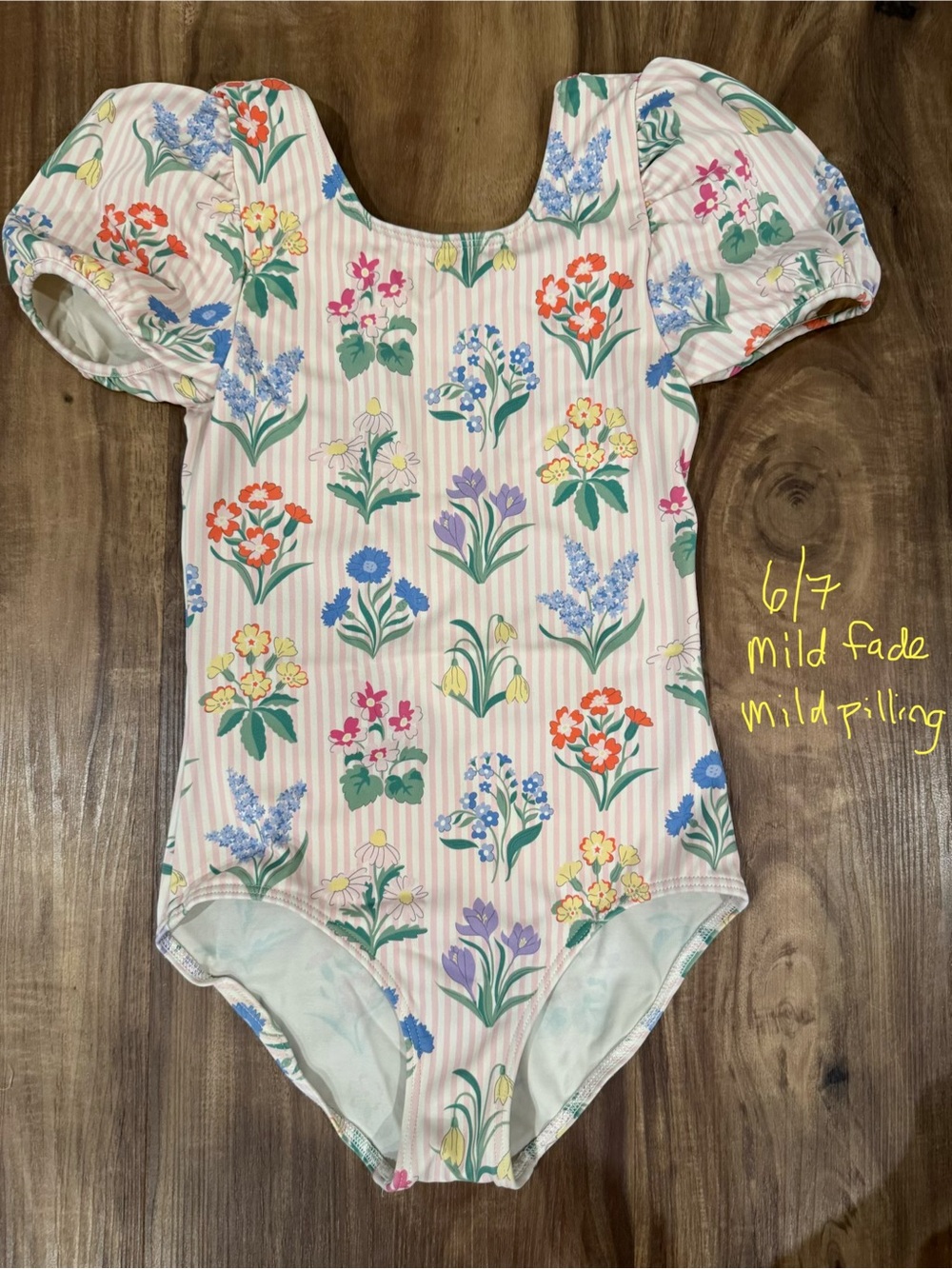 Mini Boden 6/7 Floral Puff-Sleeve Girls One-Piece Swimsuit - Pink